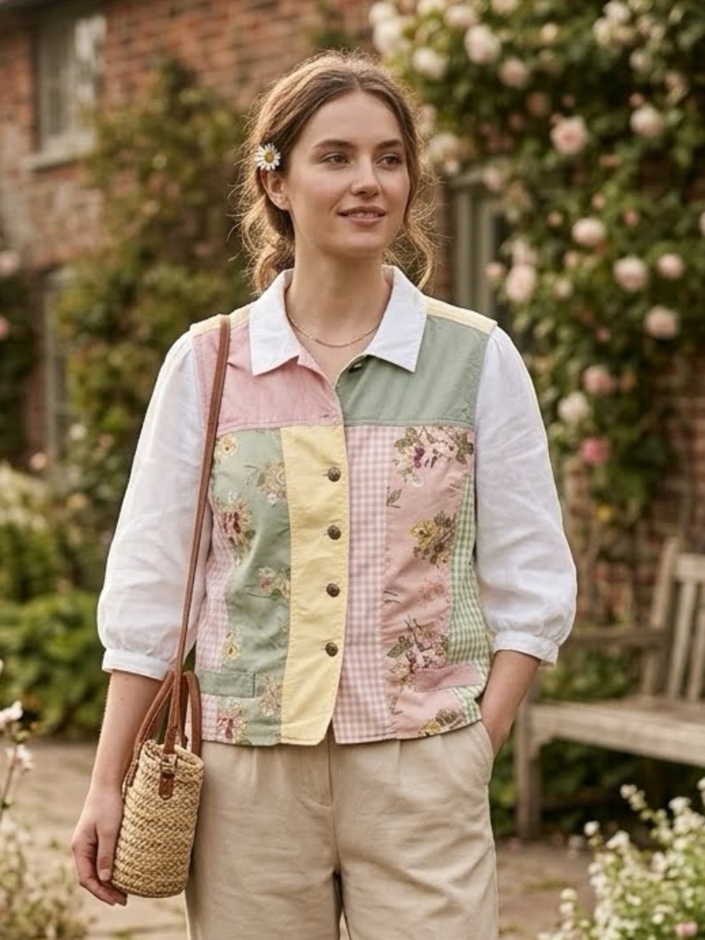 VTG 90s Susan Bristol Patchwork Cottagecore Vest Pastel Floral Gingham L / XL
